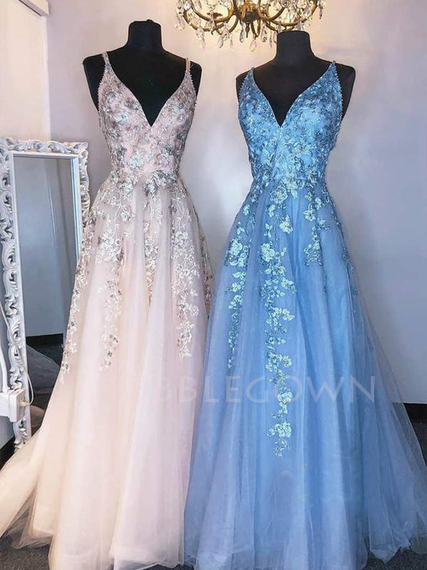 Sexy Deep V Neck A-Line Lace Beaded Long Evening Prom Dresses, Cheap Custom Prom Dresses, MR7481