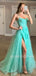 A-line Spaghetti Straps Tulle Side Slit Lace Long Evening Prom Dresses, MR7485