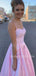 Sexy Backless A-line Spaghetti Straps Pink Satin Long Evening Prom Dresses, Cheap Custom prom dresses, MR7486