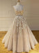 A-line Tulle Beaded Lace Long Appliques Evening Prom Dresses, Cheap Sweet Prom Dresses, MR7487