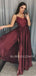 A-line Burgundy Chiffon Beaded Spaghetti Straps Long Evening Prom Dresses, Cheap Custom Prom Dresses, MR7489