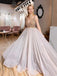 Deep V Neck A-line Tulle Beaded Long Evening Prom Dresses, Cheap Custom Prom Dress, MR7490