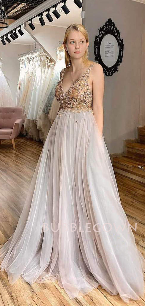 Deep V Neck A-line Tulle Beaded Long Evening Prom Dresses, Cheap Custom Prom Dress, MR7490