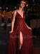 A-line Burgundy Sequin Beaded Spaghetti Straps Long Side Slit Evening Prom Dresses, Cheap Custom Prom Dresses, MR7495