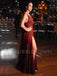 A-line Burgundy Sequin Beaded Spaghetti Straps Long Side Slit Evening Prom Dresses, Cheap Custom Prom Dresses, MR7495