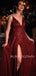 A-line Burgundy Sequin Beaded Spaghetti Straps Long Side Slit Evening Prom Dresses, Cheap Custom Prom Dresses, MR7495