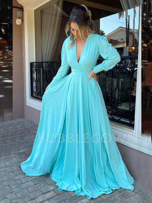 Long Sleeves Deep V Neck Chiffon Long Evening Prom Dresses, Cheap Custom Prom Dresses, MR7496