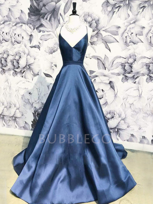 A-Line Satin V Neck Spaghetti Straps Long Backless Evening Prom Dresses, Cheap Custom prom dresses, MR7498