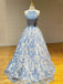 A-line Halter Blue Lace Beaded Long Evening Prom Dresses, Cheap Custom Prom Dress, MR7500