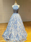 A-line Halter Blue Lace Beaded Long Evening Prom Dresses, Cheap Custom Prom Dress, MR7500