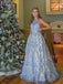 A-line Halter Blue Lace Beaded Long Evening Prom Dresses, Cheap Custom Prom Dress, MR7500