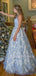 A-line Halter Blue Lace Beaded Long Evening Prom Dresses, Cheap Custom Prom Dress, MR7500