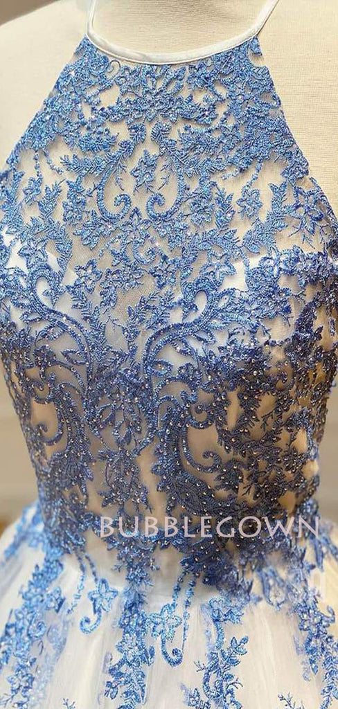 A-line Halter Blue Lace Beaded Long Evening Prom Dresses, Cheap Custom Prom Dress, MR7500