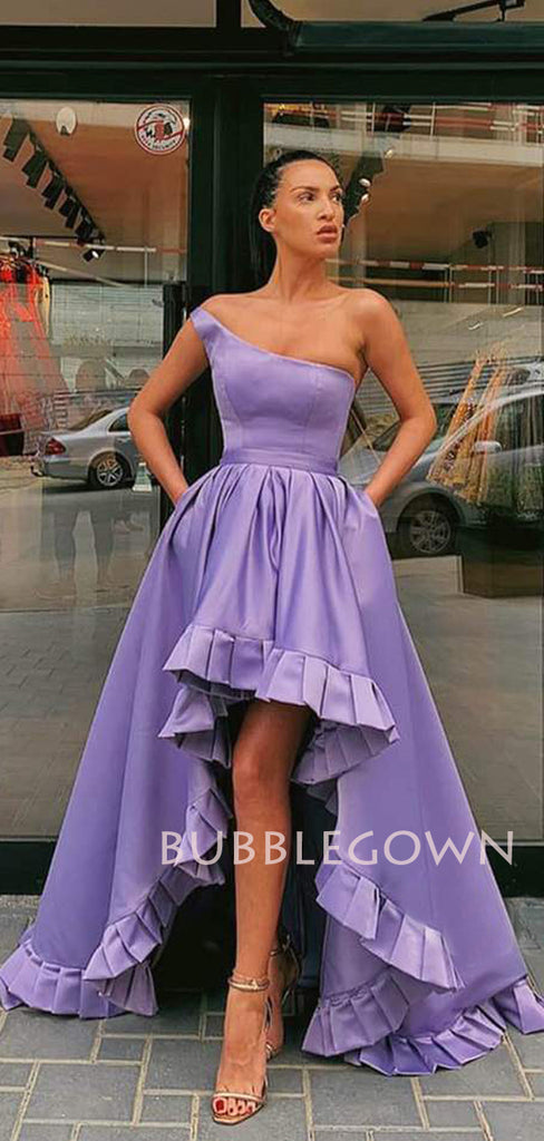 One Shoulder A-Line Purple Satin High Low Long Backless Evening Prom Dresses, Cheap Custom prom dresses, MR7501