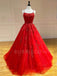 Red Tulle A-Line Spaghetti Straps Appliques Lace Long Evening Prom Dresses, Cheap Custom Prom Dress, MR7503