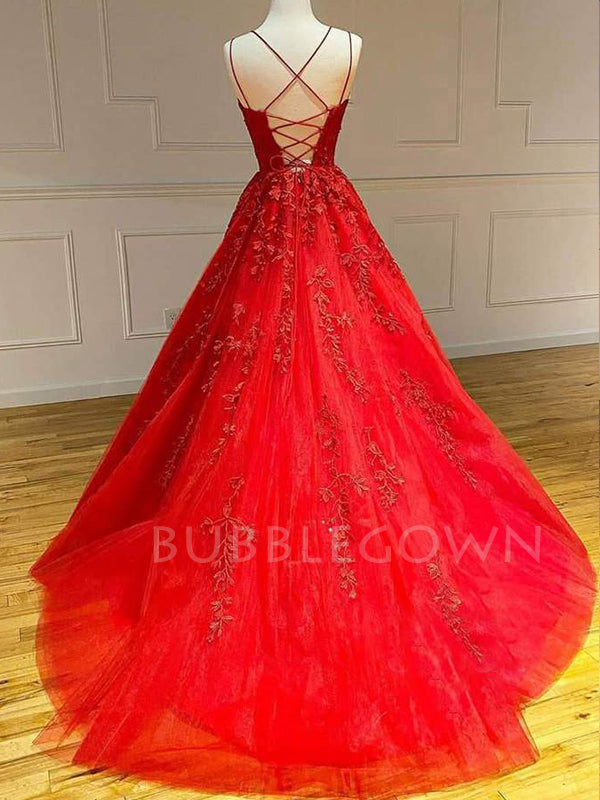 Red Tulle A-Line Spaghetti Straps Appliques Lace Long Evening Prom Dresses, Cheap Custom Prom Dress, MR7503