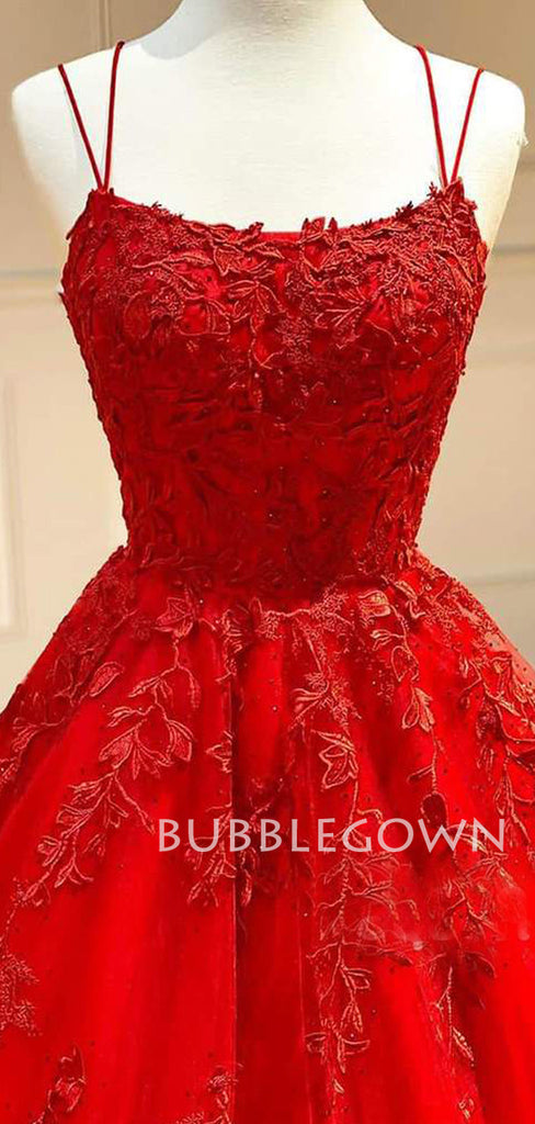 Red Tulle A-Line Spaghetti Straps Appliques Lace Long Evening Prom Dresses, Cheap Custom Prom Dress, MR7503