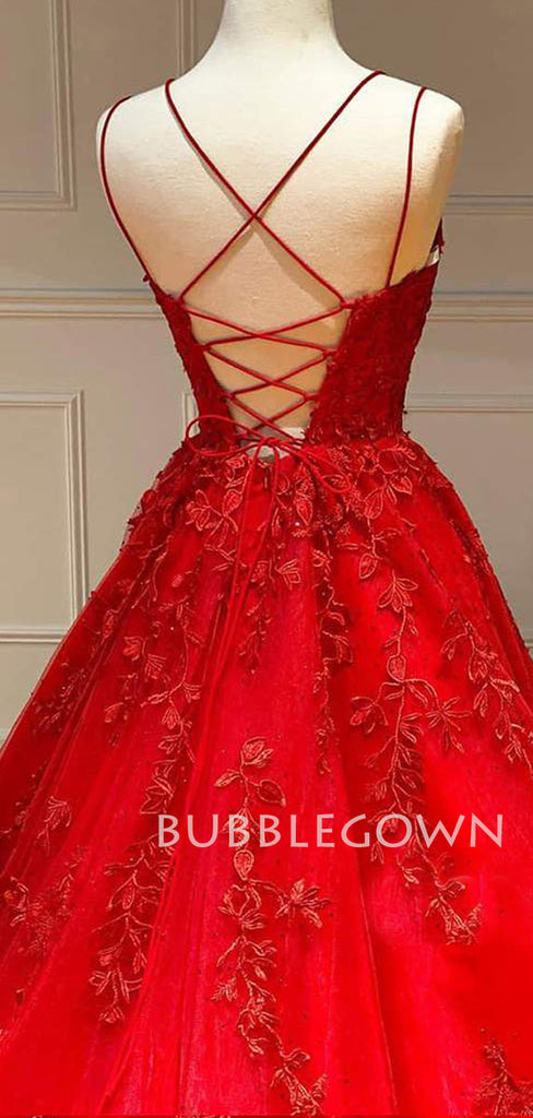 Red Tulle A-Line Spaghetti Straps Appliques Lace Long Evening Prom Dresses, Cheap Custom Prom Dress, MR7503