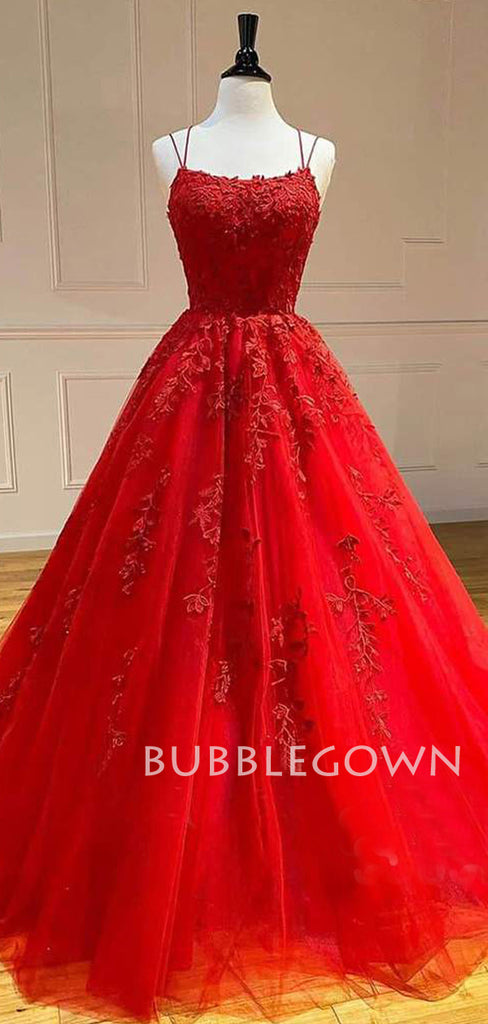 Red Tulle A-Line Spaghetti Straps Appliques Lace Long Evening Prom Dresses, Cheap Custom Prom Dress, MR7503