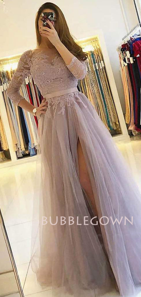 A-line See Throuth Long Sleeves Tulle Side Slit Long Lace Evening Prom Dresses, Cheap Custom V Neck Prom Dress, MR7505