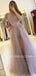 A-line See Throuth Long Sleeves Tulle Side Slit Long Lace Evening Prom Dresses, Cheap Custom V Neck Prom Dress, MR7505