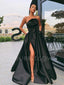 A-line Black Satin Side Slit Long Strapless Evening Prom Dresses, Cheap Custom Prom Dresses, MR7509