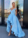 A-Line Blue Satin V Neck Long High Low Evening Prom Dresses, Cheap Custom prom dresses, MR7511