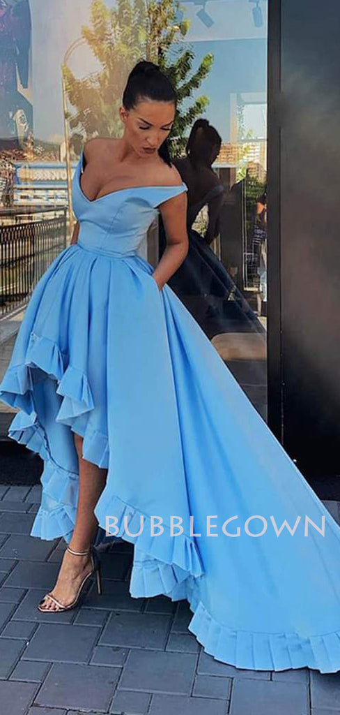 A-Line Blue Satin V Neck Long High Low Evening Prom Dresses, Cheap Custom prom dresses, MR7511