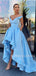 A-Line Blue Satin V Neck Long High Low Evening Prom Dresses, Cheap Custom prom dresses, MR7511