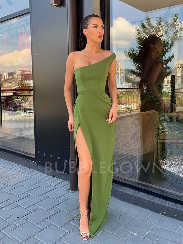 One Shoulder Satin Long Side Slit Evening Prom Dresses, Cheap Custom Prom Dresses, MR7513