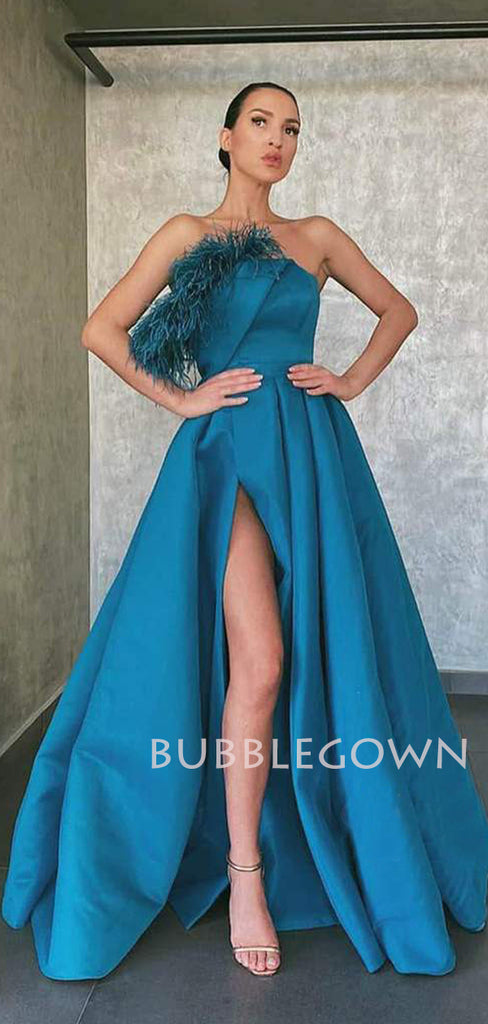 A-line Satin Side Slit Long Strapless Evening Prom Dresses, Cheap Custom Prom Dresses, MR7515