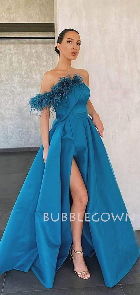 A-line Satin Side Slit Long Strapless Evening Prom Dresses, Cheap Custom Prom Dresses, MR7515