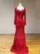 Red Lace Mermaid Long Sleeves Backless Beaded Long Strapless Evening Prom Dresses, MR7516