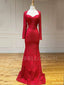 Red Lace Mermaid Long Sleeves Backless Beaded Long Strapless Evening Prom Dresses, MR7516