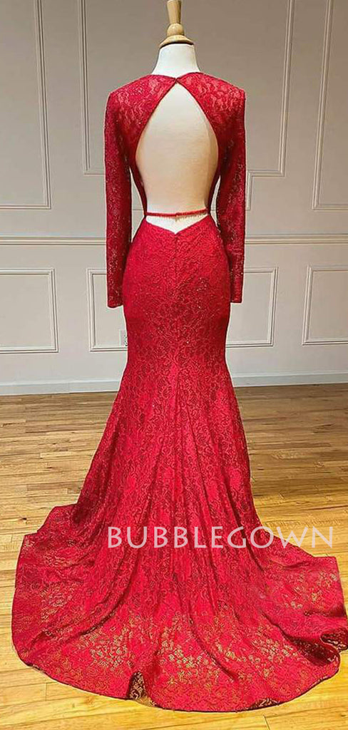 Red Lace Mermaid Long Sleeves Backless Beaded Long Strapless Evening Prom Dresses, MR7516