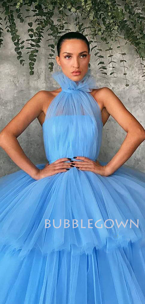 Ball Gown Sky Blue Tulle High Neck Long Evening Prom Dresses, Cheap Custom Prom Dresses, MR7521