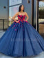 Ball Gown Navy Blue Tulle 3D Appliques Spaghetti Straps Long Evening Prom Dresses, Cheap Custom Prom Dresses, MR7522