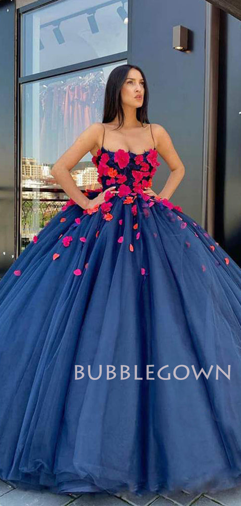 Ball Gown Navy Blue Tulle 3D Appliques Spaghetti Straps Long Evening Prom Dresses, Cheap Custom Prom Dresses, MR7522