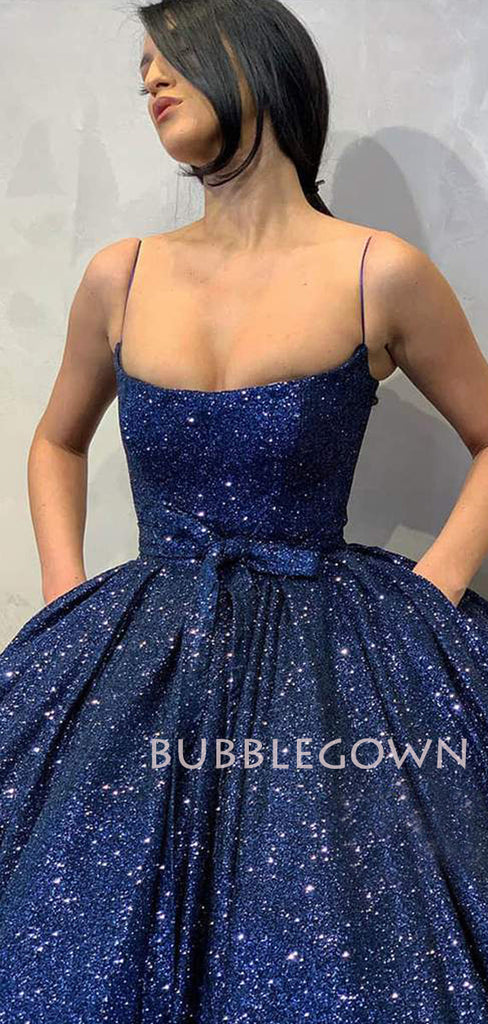 Ball Gown Navy Blue Sequins Spaghetti Straps Sparkly Long Evening Prom Dresses, Cheap Custom Prom Dresses, MR7525