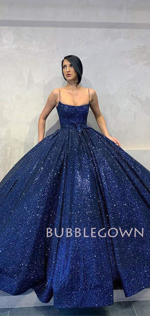 Ball Gown Navy Blue Sequins Spaghetti Straps Sparkly Long Evening Prom Dresses, Cheap Custom Prom Dresses, MR7525