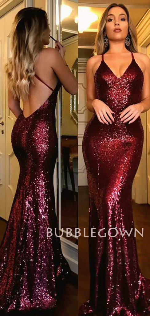 Sexy Backless Burgundy Sequin Mermaid Long Evening Prom Dresses, Cheap Custom Prom Dresses, MR7526