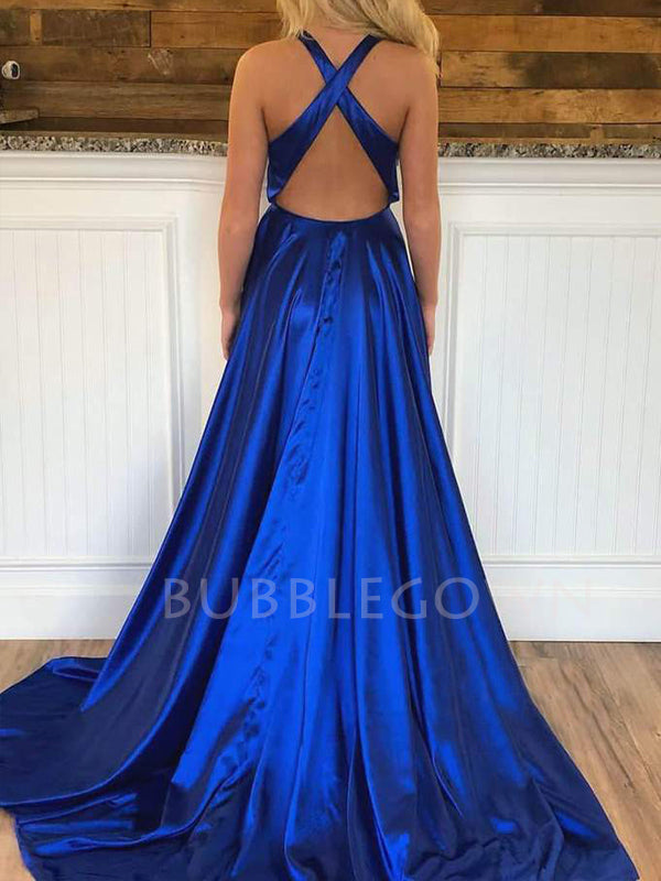 A-line Elastic satin Deep V Neck side Slit Long Evening Prom Dresses, Cheap Custom Prom Dresses, MR7531