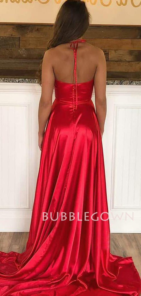 A-line Red stretch satin Spaghetti Straps V Neck side Slit Long Evening Prom Dresses, Cheap Custom Prom Dresses, MR7532