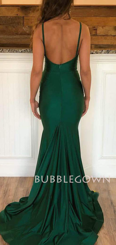 Green Elastic satin Spaghetti Straps mermaid Long Evening Prom Dresses, Cheap Custom Prom Dresses, MR7533