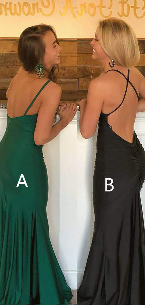 Green Elastic satin Spaghetti Straps mermaid Long Evening Prom Dresses, Cheap Custom Prom Dresses, MR7533