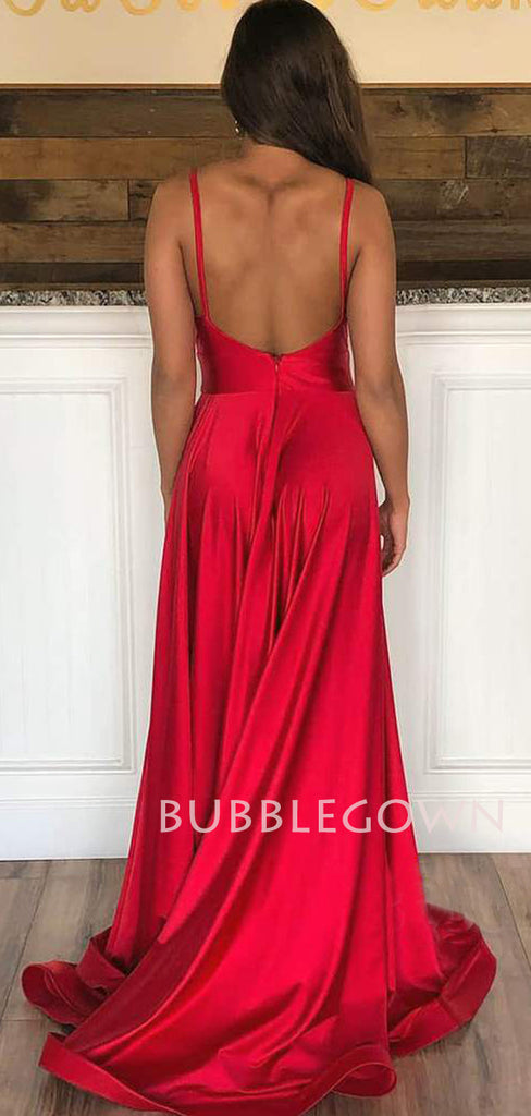 V Neck side Slit A-line Red stretch satin Spaghetti Straps Long Evening Prom Dresses, Cheap Custom Prom Dresses, MR7537