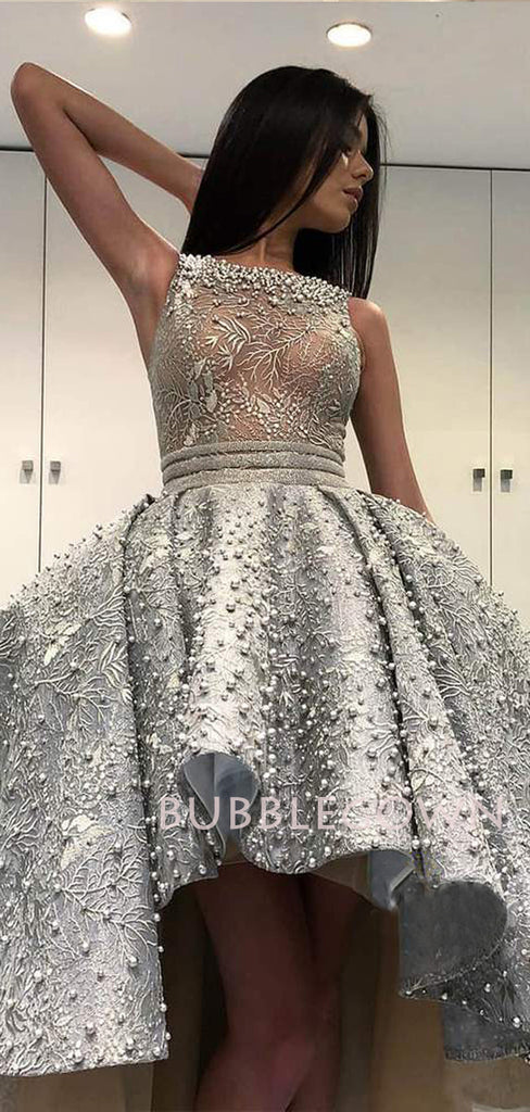 See Throuth Silver Lace Beaded High Low Long Evening Prom Dresses, Cheap Custom Prom Dresses, MR7540