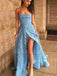 A-line Sky Blue 3D Lace Side Slit Long Evening Prom Dresses, Cheap Custom Prom Dress, MR7542