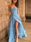 A-line Sky Blue 3D Lace Side Slit Long Evening Prom Dresses, Cheap Custom Prom Dress, MR7542