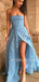 A-line Sky Blue 3D Lace Side Slit Long Evening Prom Dresses, Cheap Custom Prom Dress, MR7542